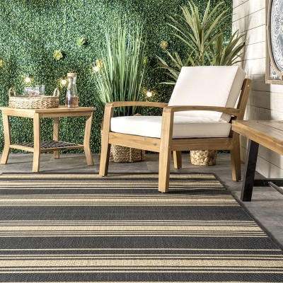 Charcoal and Tan Striped Indoor/Outdoor Synthetic Rug
