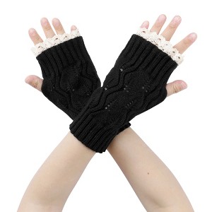 INSPIRE CHIC Women's Knit Lacework Wrist Thumb Hole Half Finger Sleeves Gloves for Christmas Windproof 1 Pair - 1 of 4