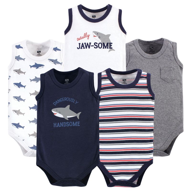 Hudson Baby Infant Boy Cotton Sleeveless Bodysuits 5pk, Shark, 1 of 6