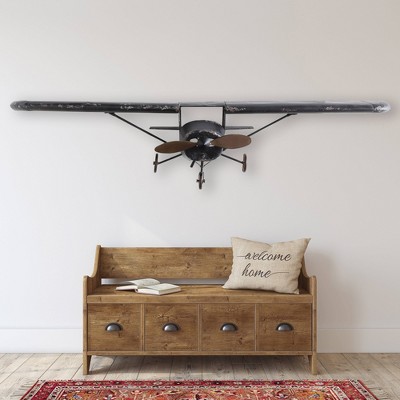 Distressed Black Metal Plane Wall Sculpture with Propellers