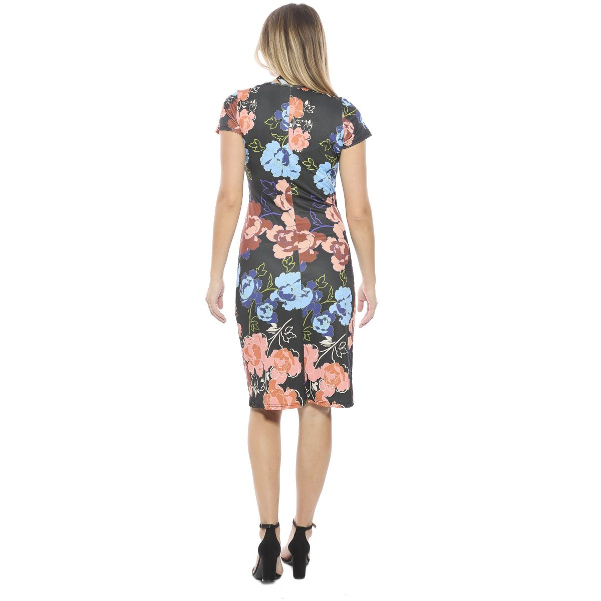 Womens Floral V-Neck Short Sleeve Knee Length Faux Wrap Dress - 24seven Comfort Apparel™ - thumbnail 3
