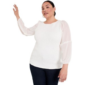 June + Vie by Roaman's Women's Plus Size Puff-Sleeve Smocked Blouse - 1 of 4