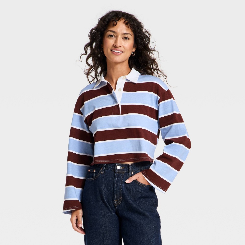 Women's Long Sleeve Button-Down Polo T-Shirt - Universal Thread™ Blue Striped M