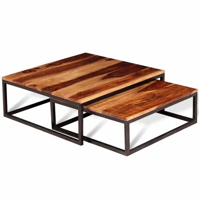 vidaXL Nesting Table Set of 2 Coffee Table Side End Table Solid Wood Sheesham - Brown and Black