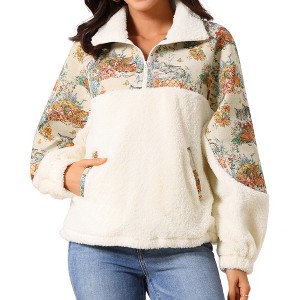 INSPIRE CHIC Women's Winter Long Sleeve Lapel Half Zip Faux Fur Solid Panel Pullover with Pockets sweatshirt - 1 of 4