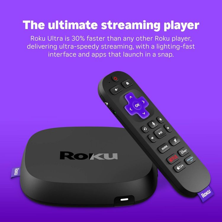 Roku Ultra – A black Roku streaming device with a matching remote control featuring purple buttons, set against a purple background with text describing it as "The ultimate streaming player."