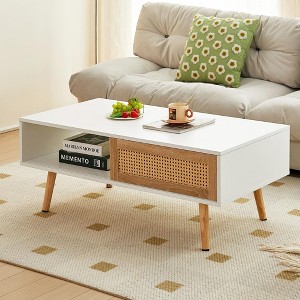 QingMoon Rattan Coffee Table, Rectangle Sofa Table with Storage Sliding Door and Solid Wood Legs for Living Room, Apartment - 1 of 4