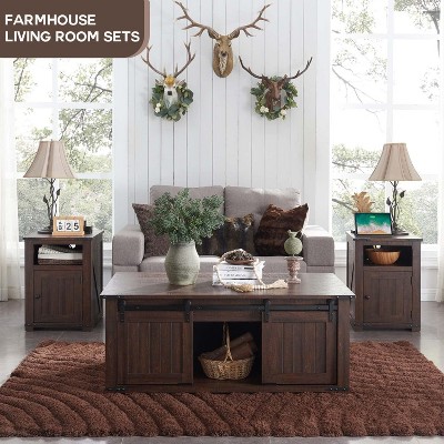 Rustic Brown Wood Lift-Top Coffee Table with Sliding Barn Door