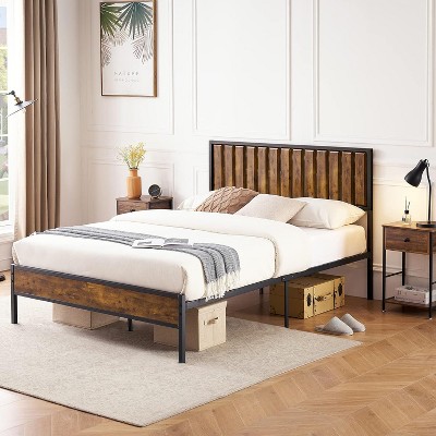 Bed Frame with Headboard, Metal Platform Bed Frame with 14 Heavy Duty Steel Slats, Under Bed Storage, No Box Spring Needed, Brown