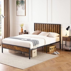Bed Frame with Headboard, Metal Platform Bed Frame with 14 Heavy Duty Steel Slats, Under Bed Storage, No Box Spring Needed, Brown - 1 of 4