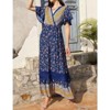 Coolmee Women's Summer Dress Boho Floral V Neck Dress Short Sleeve Beach Dress Ruffle Bohemian Maxi Dress Blue M - 3 of 4