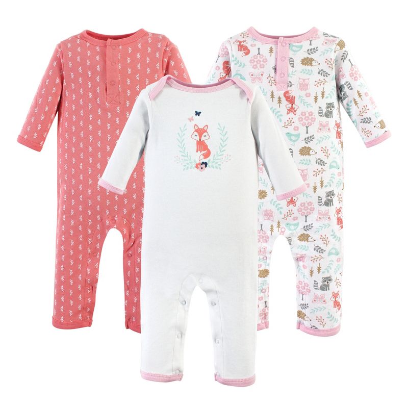 Hudson Baby Infant Girl Cotton Coveralls 3pk, Woodland Fox, 1 of 4