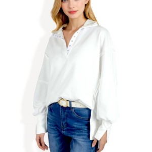 Anna-Kaci Women's Oversized Long Sleeve Pullover with Snap Button Collar and Raw Edge Hem - 1 of 4