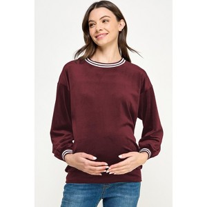 Hello Miz Women's Velvet Striped Neckline Long Sleeve Maternity Sweatshirt Top - 1 of 4