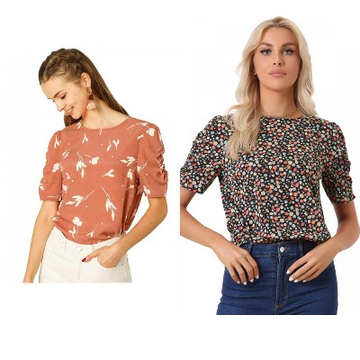 Allegra K Women's Floral Summer Crew Neck Casual Shirred Short Sleeve Blouse 2 Pcs