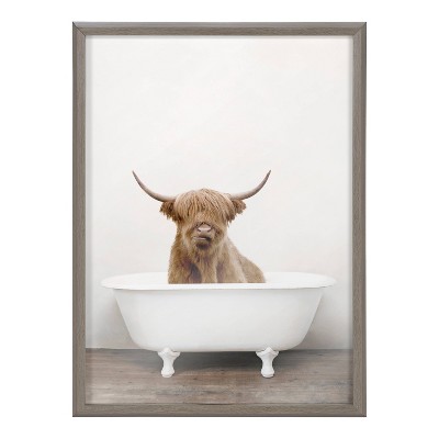 Gray Framed Highland Cow and Bears in Tub Wall Art Set