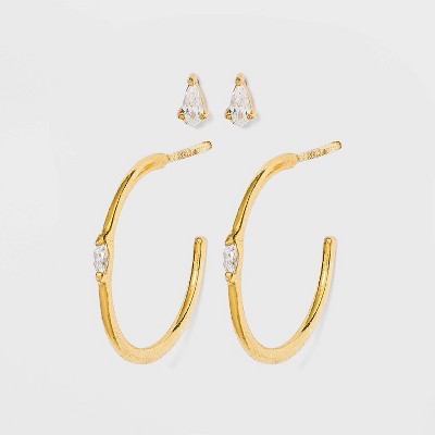 Sterling Silver Hoop and Cubic Zirconia Duo Stud Earring Set - A New Day™ Gold