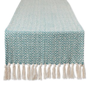 Design Imports  Handloomed  Chevron Jacquard Fringe Table Runner, Teal, 15X108" - 1 of 4