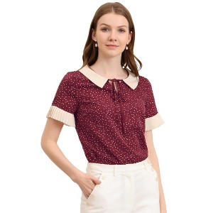 Allegra K Women's Contrast Doll Collar Polka Dots Short Sleeves Blouse - 1 of 4