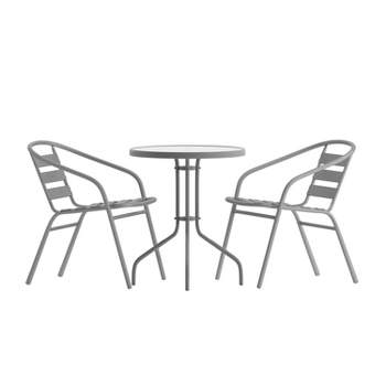 Flash Furniture Lila 23.75'' Round Glass Metal Table with 2 Metal Aluminum Slat Stack Chairs