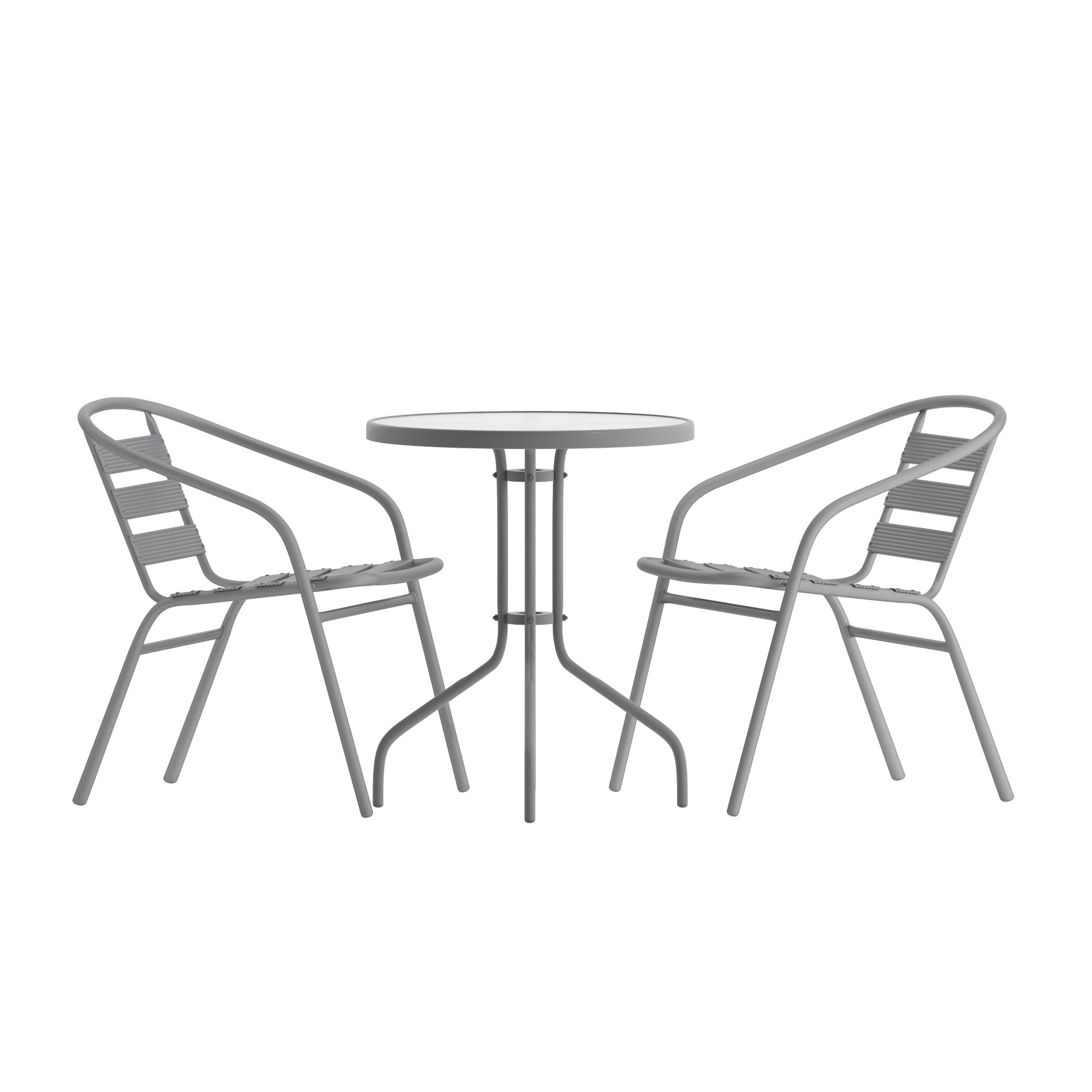 Emma and Oliver 23.75'' Round Glass Top Metal Table with 2 Silver Aluminum Slat Stack Chairs