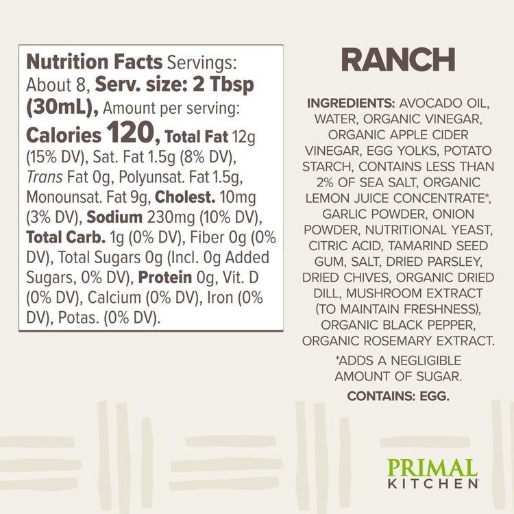 Nutrition label for ranch dressing showing 120 calories per 2 Tbsp (30mL) serving, with ingredients including avocado oil, vinegar, egg yolks, and spices.