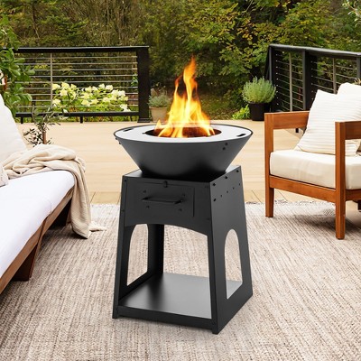 Black Galvanized Metal Outdoor Fire Pit with Grill and Log Rack