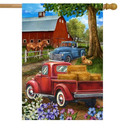 Frühlings-Gartenflagge „Bridge In Bloom“ Mit Floralem Pickup-Truck-Design – Wetterfestes Polyester, 32x46 Cm, Für Garten Oder Haus