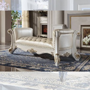 Acme Furniture 74" Vendome Ottoman and Bench Pearl Synthetic Leather and Antique Pearl Finish: Linen Upholstery, Metal Legs, No Tools Assembly - 1 of 4