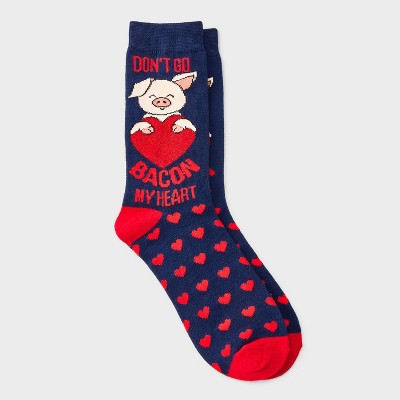 Women's Pig 'Don't Go Bacon My Heart' Valentine's Day Crew Socks - Navy/Red 4-10