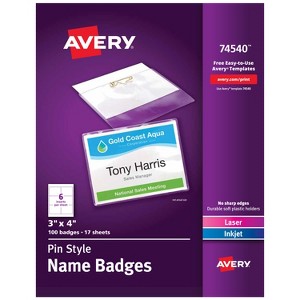 Avery Customizable Name Badges with Pins, 3" x 4", Clear Name Tag Holders with White Printable Inserts, 100 Pin Style Name Badges (74540) - 1 of 4