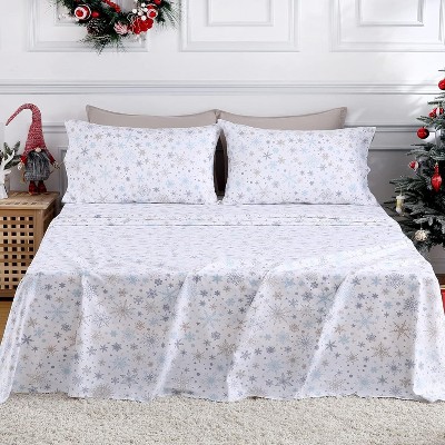 homfan Christmas Bed Sheets, 100% Cotton Flannel Printed Sheet Set, Ultra-Soft Brushed Flannel, 16" Deep Pocket, 3-Piece Winter Warm Bedding