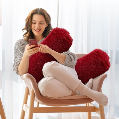 Set of 2 Maroon Shaggy Long Hair Bolster Pillows