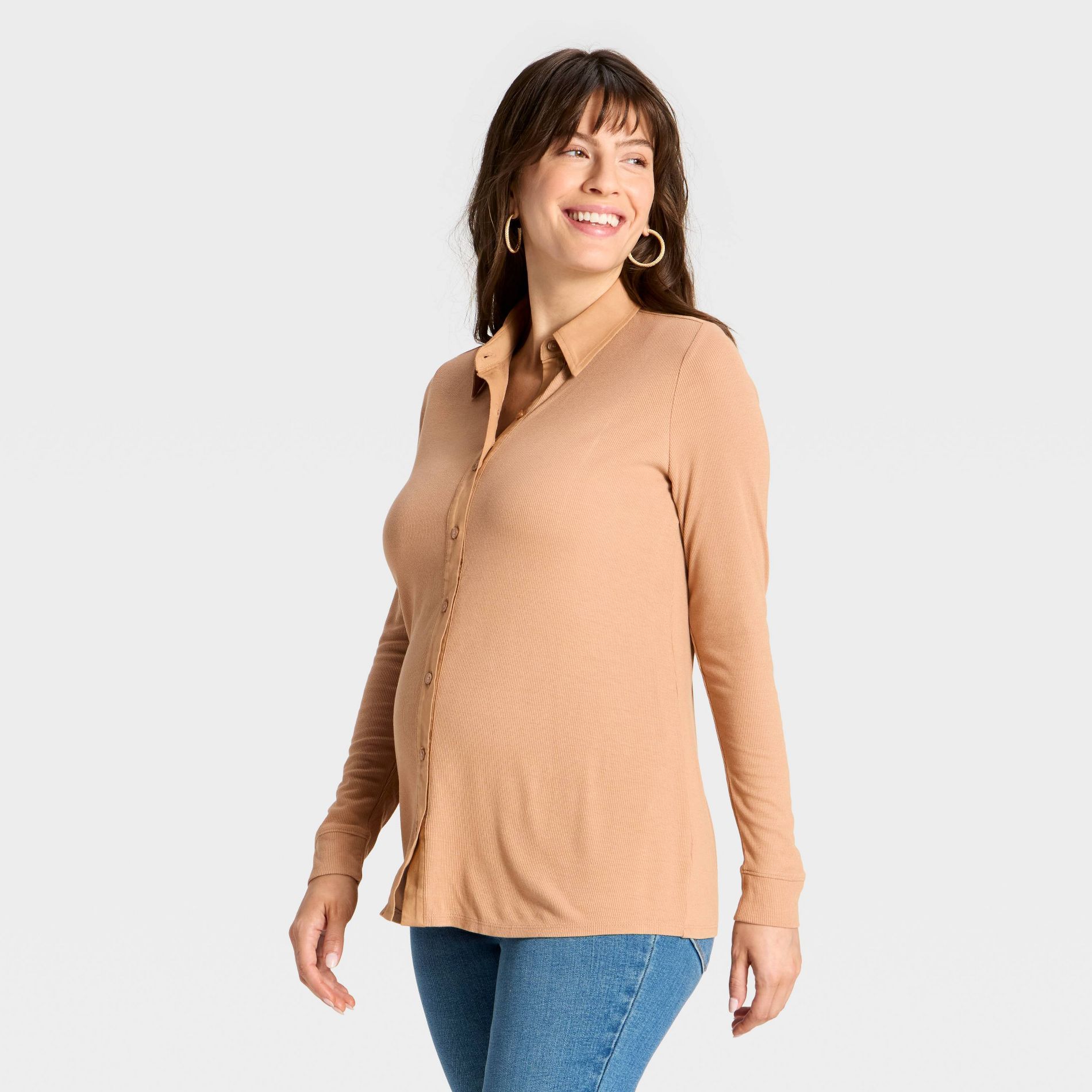 Long Sleeve Collared Neck Ribbed Maternity Button-Down Shirt - Isabel Maternity by Ingrid & Isabel™ Tan M