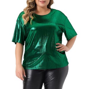 Agnes Orinda Women's Plus Size Metallic Round Neck Short Sleeve Summer Carnival Party Blouses - 1 of 4
