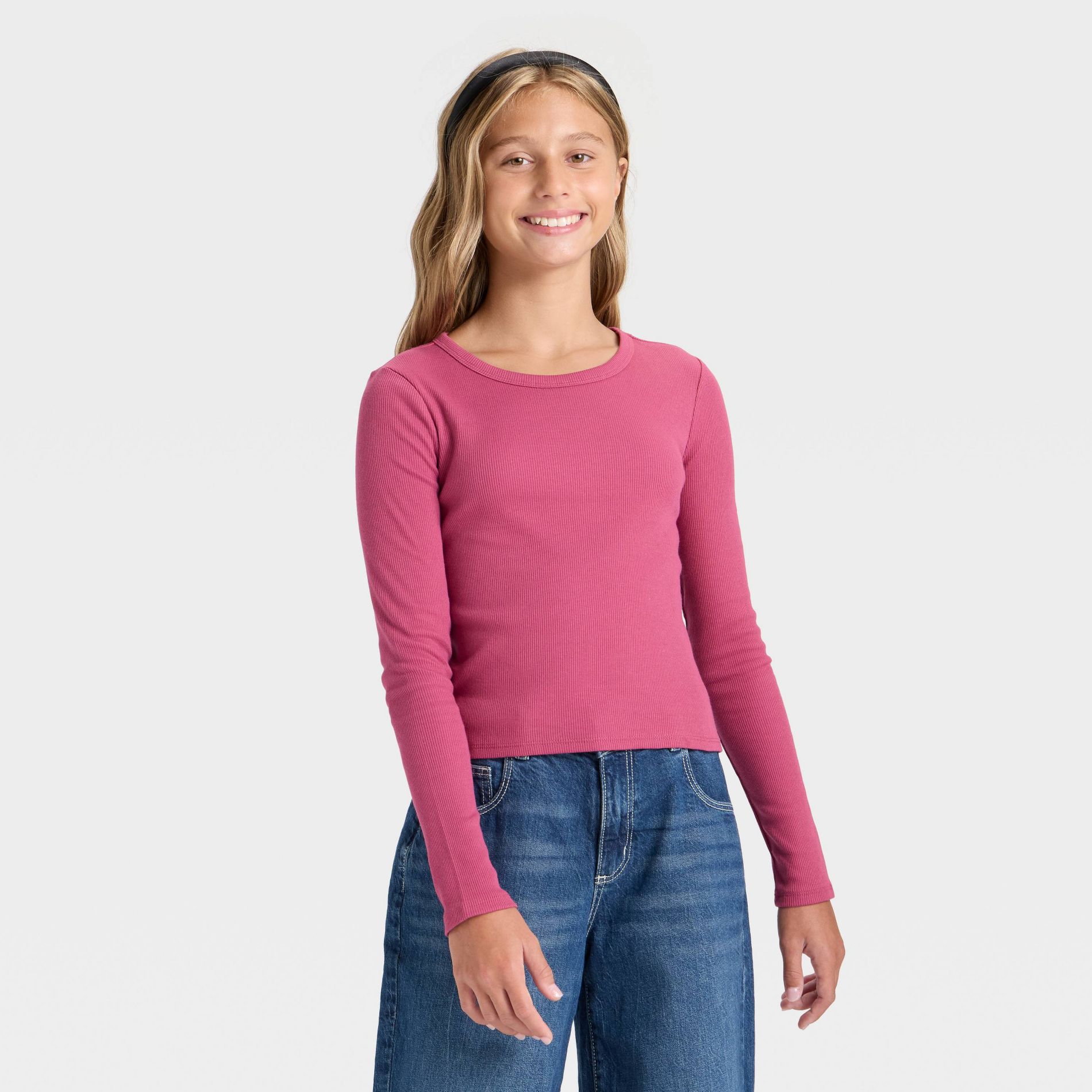 Girls' Long Sleeve Crew Neck Rib T-shirt - art class™