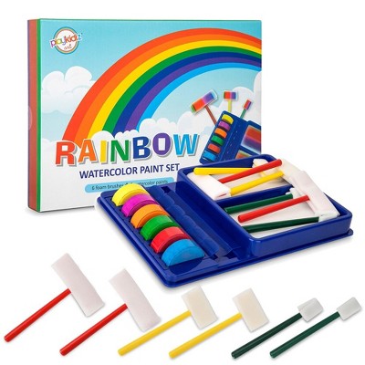 Playkidiz Rainbow Watercolor Washable Classic Colors Painting Set, 12 Piece Complete Paint Set for Kids, Includes 6 Foam Paintbrushes and 6