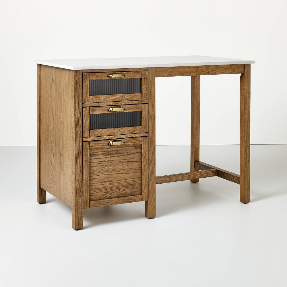 48"" Reeded Glass & Wood Kitchen Island with Seating Nook - Aged Oak - Hearth & Hand™ with Magnolia: Farmhouse Style, Metal Hardware -  Hearth & Hand w/Magnolia Furniture, 88503649