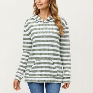 Anna-Kaci Women’s Striped Ribbed Knit Hoodie Top with Soft Textured Fabric Long Sleeves and Kangaroo Pocket Tunic-Length Design - 1 of 4