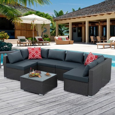 ELJGET Outdoor Patio Furniture Set, 7 Pieces PE Wicker Modular Sofa with Cushion and Glass Table