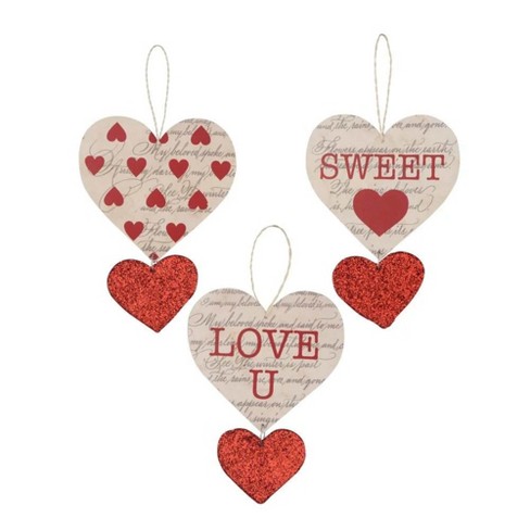 Valentines Glitter Foam Hearts with Red Ribbons Ornaments Set 3.5 Inch