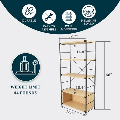 Brentwood Natural Wood and Black Steel 4-Shelf Etagere Bookcase