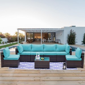 ALAULM Patio Furniture 7 Pieces Outdoor Sectional Rattan Sofa Set Manual Wicker Patio Conversation Set with 6 Seat Cushions, Turquoise Blue - 1 of 4