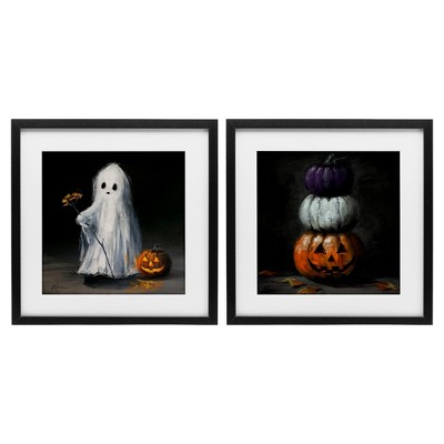 Stupell Industries Vintage Halloween Ghost & Pumpkin Stack 2pc Framed Print Under Glass Set