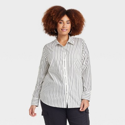 Women's Slim Fit Boyfriend Tailored Long Sleeve Button-down Shirt - A New  Day™ Black/white Striped 3x : Target