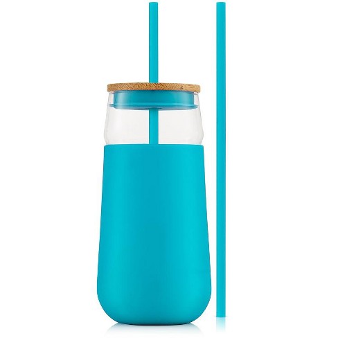 GLASS TUMBLER W/SILICONE SLEEVE + BAMBOO LID/STRAW