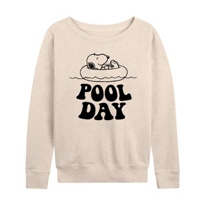 Women's - Peanuts - Snoopy's Pool Day Lightweight French Terry Wide Neck Long Sleeve Shirt - 1 of 4