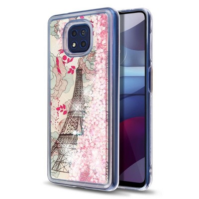 MyBat Quicksand Glitter Hybrid Protector Cover Case Compatible With Motorola Moto G Power (2021) - Eiffel Tower Pink Hearts