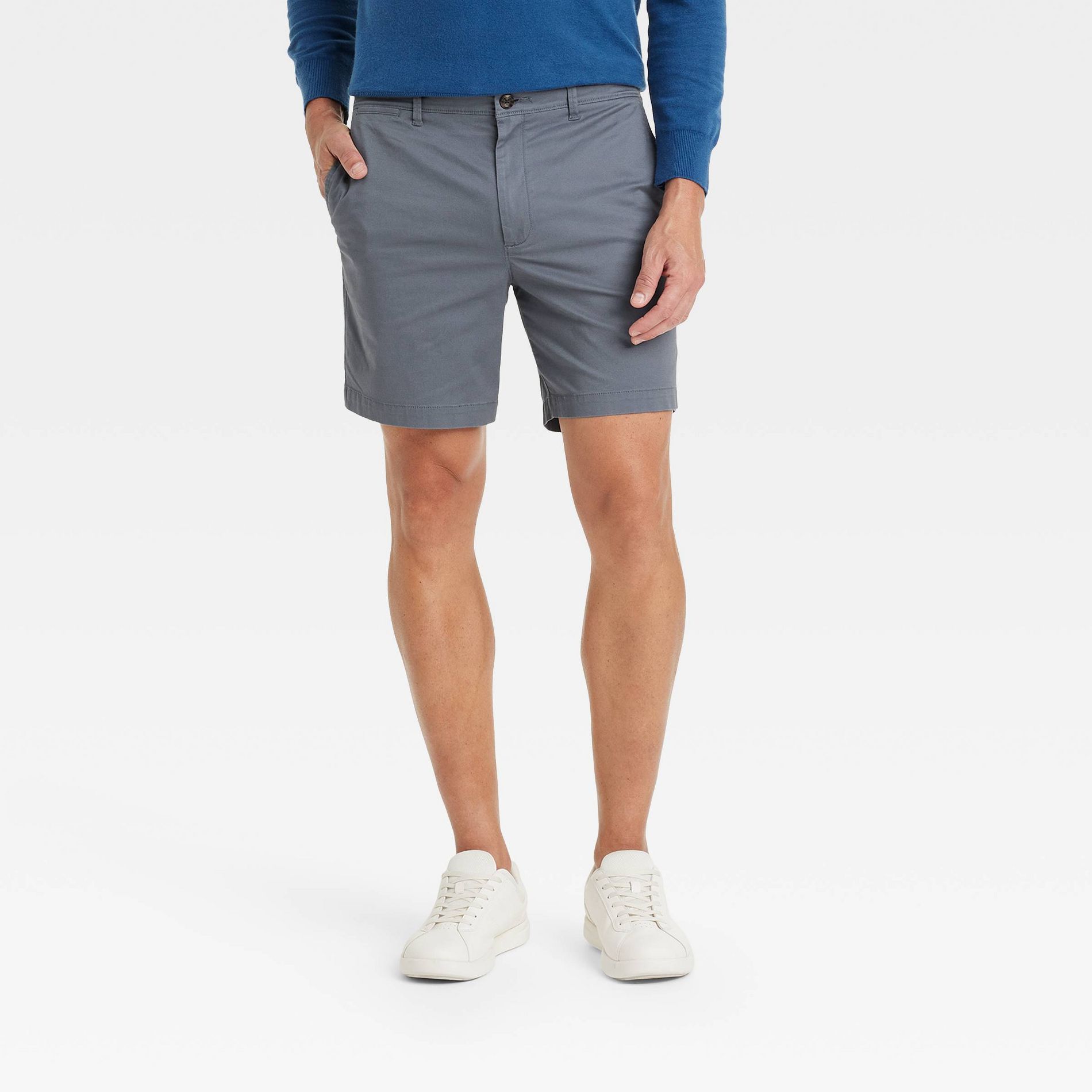 Men's Every Wear 7" Flat Front Chino Shorts - Goodfellow & Co™ Blue 34: Slim Fit, Mid Rise, Stretch, Poplin Twill Fabric