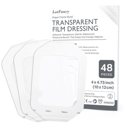 LotFancy Transparent Film Dressing, 4x4 3/4 in, 48 Count, Waterproof Adhesive Wound Bandage Tape